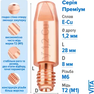 Посилений наконечник зварювальний 1,2 мм E-Cu М6 D8мм/L28мм мідь Т2 (М1) для пальника MIG/MAG зварювального напівавтомата VITA