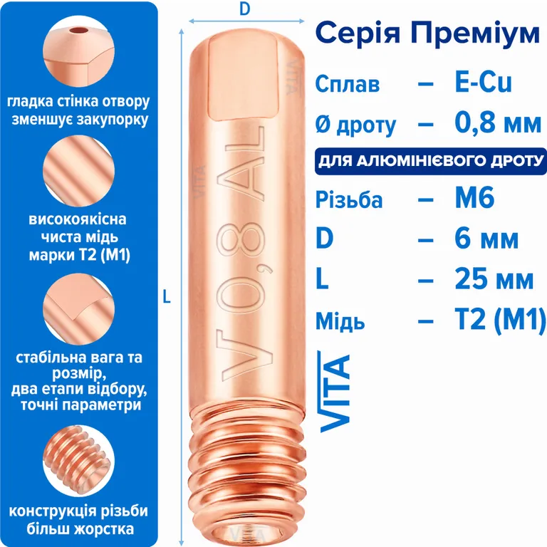 Наконечник зварювальний 0,8 мм E-Cu-Aluminium М6 D6мм/L25мм мідь Т2 (М1) для пальника MIG/MAG зварювального напівавтомата VITA