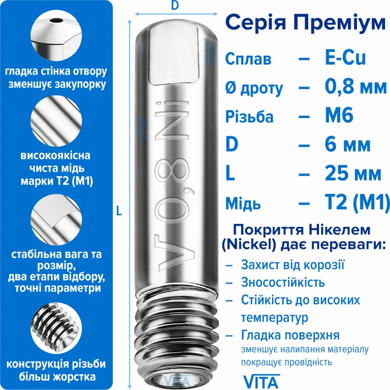 Наконечник зварювальний 0,8 мм E-Cu-Nickel М6 D6мм/L25мм мідь Т2 (М1) для пальника MIG/MAG зварювального напівавтомата VITA