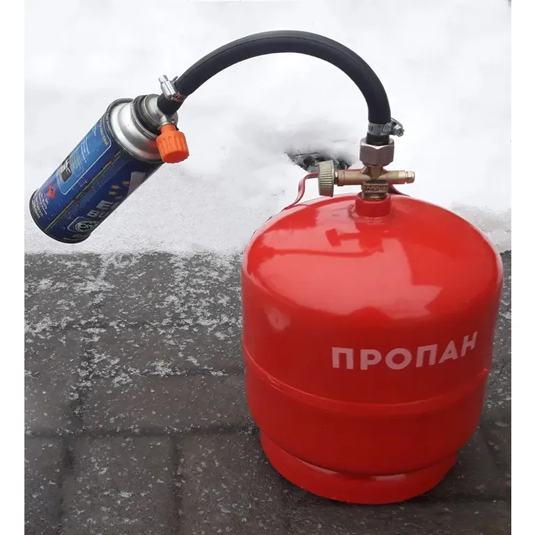 Пристрій заправний для газових балончиків 220 грамм з цанговим кріпленням, довжина 30 см на хомутах