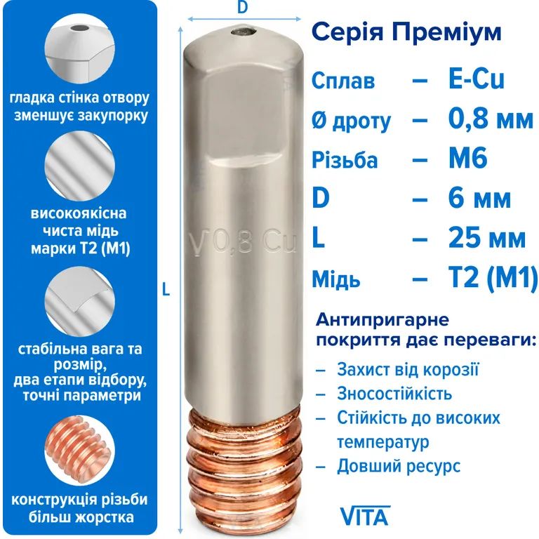 Наконечник струмознімальний VITA з антипригарним покриттям 0,8 мм E-Cu різьба M6 D 6 мм L 25 мм